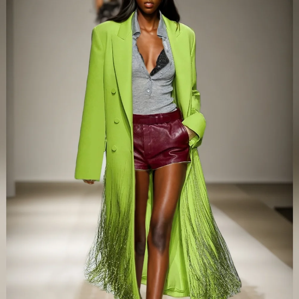 Patchwork Tassel Jackets For Women Notched Collar Long Sleeve High Waist - Picture 2 of 8